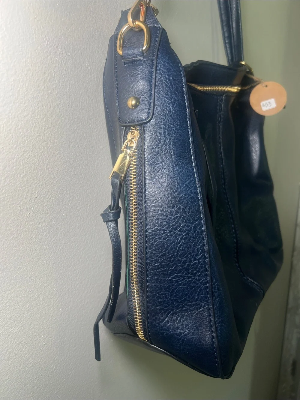 Navy Leather Shoulder Bag with Gold Hardware - Women's